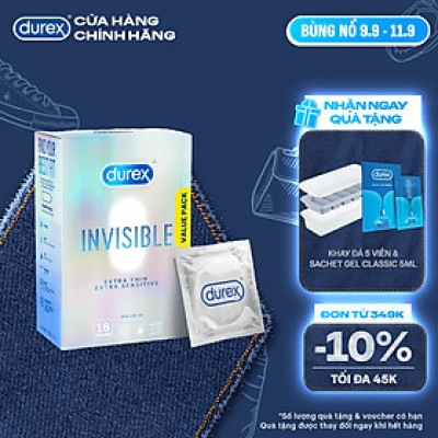 Bao Cao Su Durex Invisible Siêu Mỏng, Size 52 mm, Hộp 16 Bao Mới Ra Mắt - Hộp Lớn Siêu Tiết Kiệm