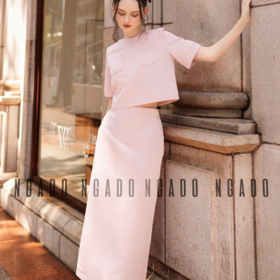 Set áo váy hồng ngắn tay NGADO , váy nữ , set đồ nữ , set đồ nữ , chân váy dài phối áo cổ tròn