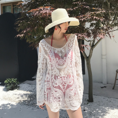 Áo ren lưới đi biển mặc khoác ngoài bikini dài tay dáng chui đầu sexy quyến rũ