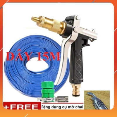 ️Evoucher Bộ dây vòi xịt nước rửa xe, tưới cây , tăng áp 3 lần, loại 15m 206236 đầu đồng,đai,nối vàng+  mở chai