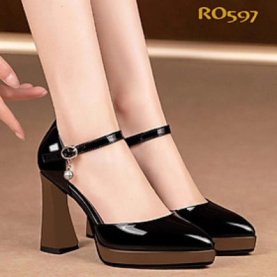 Giày cao gót da bóng phối màu ROSATA RO597 cao 8p - Nâu, Đỏ - HÀNG VIỆT NAM - BKSTORE