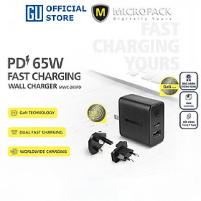 Củ sạc MicroPack POWER SERVER GaN 65W MWC-265PD Nhỏ Gọn Tặng Kèm Đầu Cắm US/ EU/ UK Hàng Chính Hãng