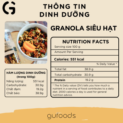 Granola thuần chay nướng mật dừa nước GUfoods (hũ 400g) (0% yến mạch; Mix siêu hạt mắc ca, óc chó, nam việt quất, hạnh nhân, hạt điều, nho khô) - Dinh dưỡng, Tiện lợi, Thơm ngon, Giàu lợi ích sức khỏe