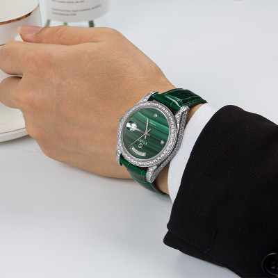 【START】Đồng hồ nam đá khổng tước tự nhiên（Malachite）đồng hồ kim cương chức năng hiển thị thứ ngày  đồng hồ cơ tự động dây da cá sấu Khóa bướm