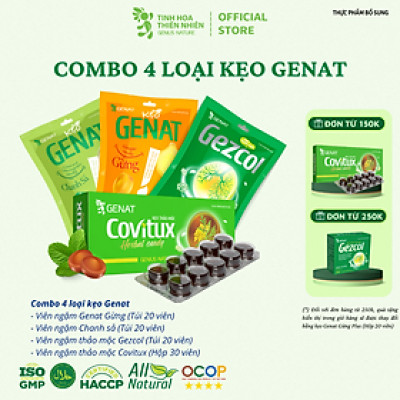 Combo 4 sản phẩm kẹo Genat - Kẹo thảo mộc Covitux (Hộp 30v), Gezcol , Genat Gừng, Genat chanh sả (túi 20v)