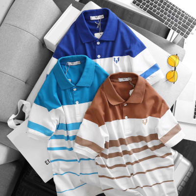 ÁO THUN NAM TAY NGẮN CÓ CỔ PHỐI SỌC ĐỘC ĐÁO LOGO THÊU LỊCH LÃM - LZPS144