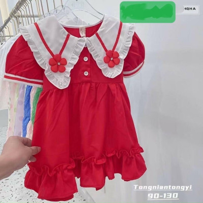 Đầm xòe babydoll cổ hoa phong cách Hàn Quốc cho bé gái size 12-40kg chất kate mềm mát