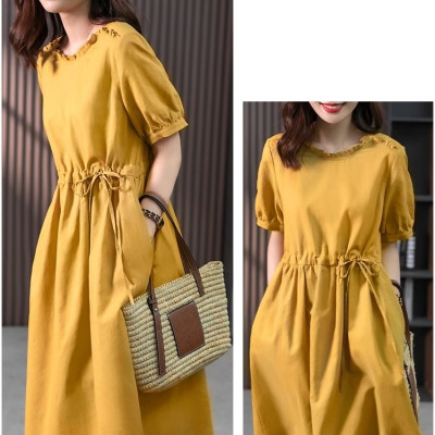 Đầm Linen suông nữ ngắn tay cổ bèo nhăn, có dây chỉnh eo phong cách trẻ trung Haint Boutique