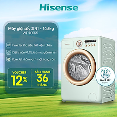 Máy giặt sấy Hisense 10.5kg Inverter Pro WD105R5 Diệt khuẩn Khử mùi 99.9%, Ngừa dị ứng, Giặt AI - HÀNG CHÍNH HÃNG