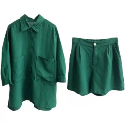 Set áo sơ mi và quần short màu xanh rêu, đủ size, nhẹ nhàng, phong cách Hàn Quốc 2025 Bv03