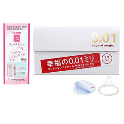 Bao Cao Su Cao Cấp Nhất Hiện Nay Sagami Original 0.01 (Hộp 5 chiếc) - Nhập Khẩu Nhật Bản - Siêu Mỏng Chỉ 0.01mm - Tặng Gel Gói Jex Nhật - Che Tên Sản Phẩm