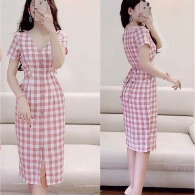 Đầm caro buộc nơ eo