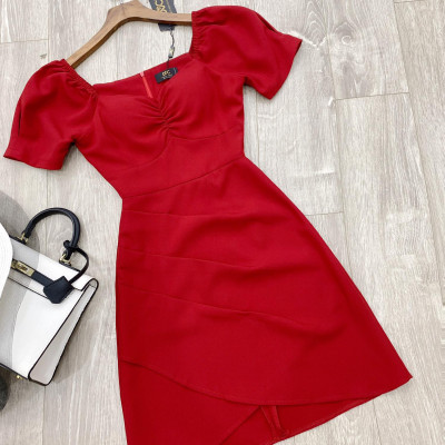 Đầm đỏ cổ tim nhúm ngực dáng xòe sang trọng thiết kế dày vừa phải đứng form dáng  V1515