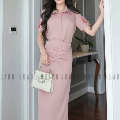 Set áo váy hồng tay hoa NGADO , set áo váy dài , set áo váy kiểu Nữ