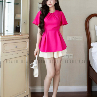 Set áo quần hồng sen cổ tròn NGADO , set áo quần ngắn , set áo quần Nữ