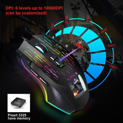Chuột chơi game có dây HXSJ J500 USB với màn hình hiển thị Sáu DPI có thể điều chỉnh cho máy tính để bàn