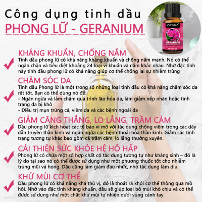 Tinh dầu Phong lữ cao cấp. Geranium Essential Oil. Tinh dầu xông phòng giúp kháng khuẩn, nấm, giảm căng thẳng, chăm sóc da. Tinh dầu thơm phòng cao cấp Vemoda