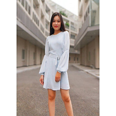 Đầm Nữ Cổ Tròn Có Thắt Lưng F’Amor - Trắng Xanh