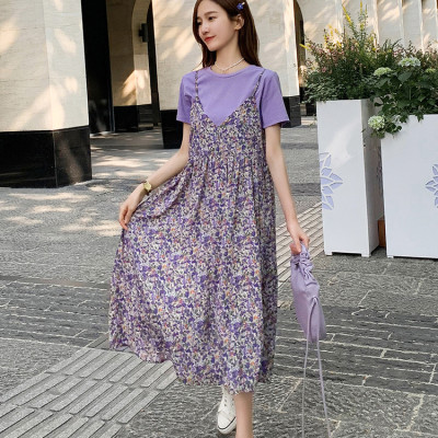 Váy Bầu Công Sở Đi Biển Áo Ngắn Tay Cotton Thun Kèm Yếm 2 Dây Voan Hoa Cho Mùa Hè Lên Dáng Cực Xinh