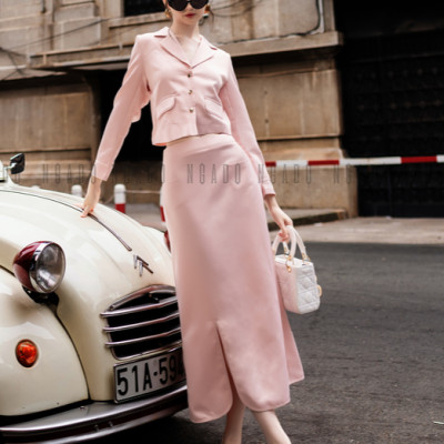 Set vest hồng dài tay NGADO , set đồ nữ , set đồ nữ thiết kế , sang trọng , dự tiệc , Set áo kèm chân váy