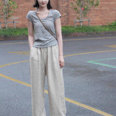 Quần dài suông linen thô cao cấp đũng ngắn lưng thun