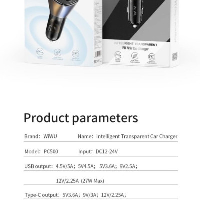 Tẩu sạc oto Wiwu Dual Port A + C PC500 Dòng trong suốt thông minh, Bộ sạc PD 72W - Hàng Chính Hãng