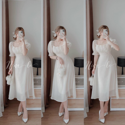Đầm tay phồng xếp ly ngực