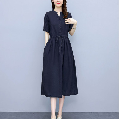 Đầm linen suông cổ phát V, tay ngắn có dây rút eo, phong cách công sở cho nữ Haint Boutique 