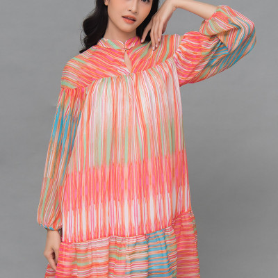 Đầm Babydoll Voan Nhún Bèo Tay Dài Phồng Nhẹ Đa Sắc Maxivic, La Mộc - LM72103