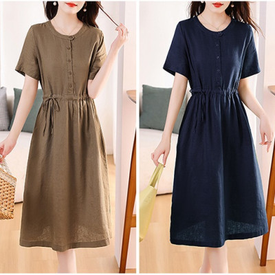 Đầm linen nữ trơn tay ngắn kết hợp phối cúc và rút eo , có nhiều màu dễ mặc đi chơi hay đi làm Da217
