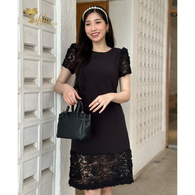 Váy đầm dự tiệc TIFALU LD306 - Đầm trung niên dáng suông ren hoa hồng sang trọng