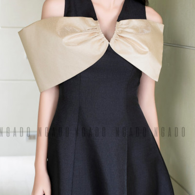 Đầm đen tay nơ NGADO , Đầm xòe , Đầm dự tiệc