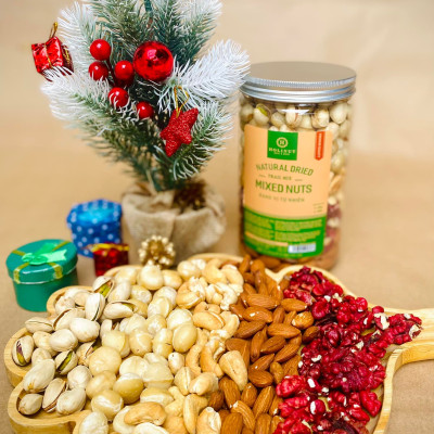 Mix hạt dinh dưỡng ăn liền - Hạt dẻ cười, hạt macca, hạt điều rang mộc, hạnh nhân rang mộc và óc chó đỏ / đóng gói 500gram