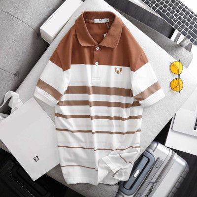 ÁO THUN NAM TAY NGẮN CÓ CỔ PHỐI SỌC ĐỘC ĐÁO LOGO THÊU LỊCH LÃM - LZPS144