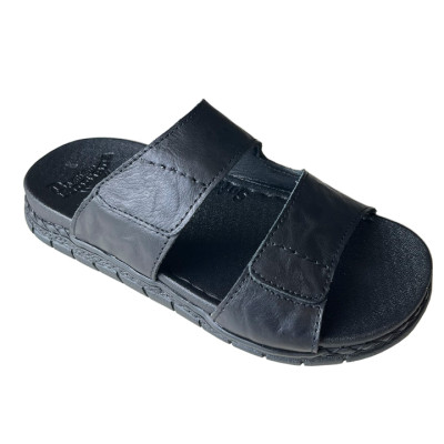 Dép da Nam quai ngang đế cao 3.5cm Trường Hải may viền da bò thật Màu đen QN155