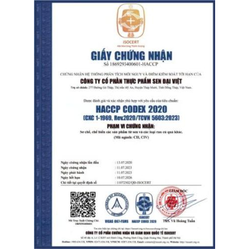 Bộ Giấy Tờ - Chứng Nhận Công Ty CP Thực Phẩm Sen Đại Việt