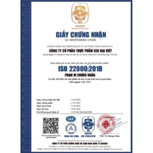 Bộ Giấy Tờ - Chứng Nhận Công Ty CP Thực Phẩm Sen Đại Việt