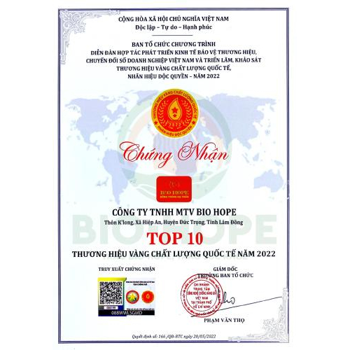 Bio Hope Vinh Dự Nhận Được Giải Thưởng - Top 10 Thương Hiệu Vàng Chất Lượng Quốc Tế 2022
