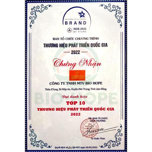 Bio Hope Vinh Dự Nhận Được Giải Thưởng - Top 10 Thương Hiệu Phát Triển Quốc Gia 2022