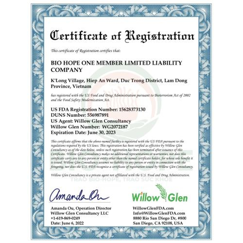 Đông Trùng Hạ Thảo Bio Hope Đạt Chứng Nhận Của Cục Quản Lý TP Và DP Hoa Kỳ (FDA) - Khẳng Định Chất Lượng Và An Toàn .