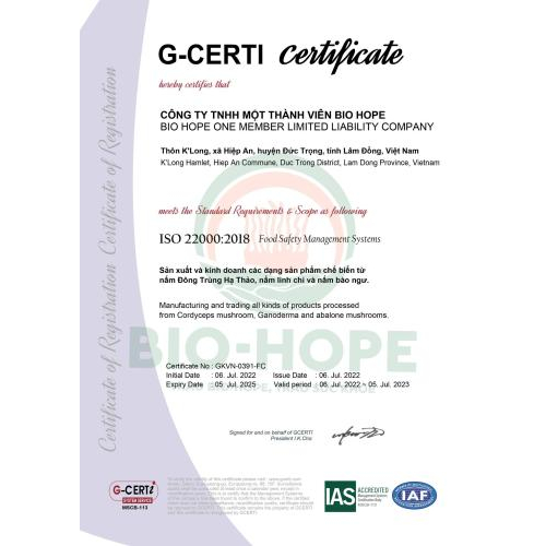 Đông Trùng Hạ Thảo Bio Hope Được Chứng Nhận Đạt ISO 22000:2018 - Tiêu Chuẩn Về Hệ Thống Quản Lý An Toàn Vệ Sinh Thực Phẩm Quốc Tế.