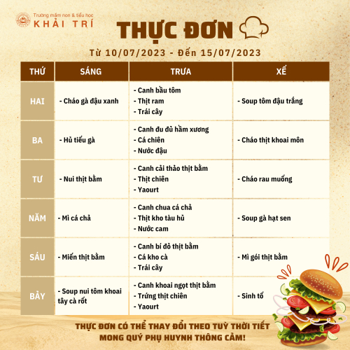 Thực Đơn Tuần - Mỗi Ngày Bé Ăn Gì Tại Khải Trí