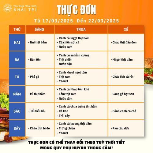 Thực Đơn Tuần Mới (Từ 17/03/2025 - 22/03/2025)