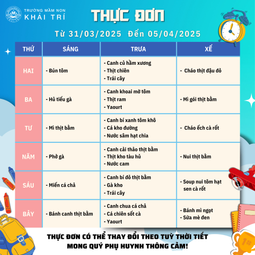 Thực Đơn Tuần Mới (Từ 31/03/2025 - 05/04/2025)