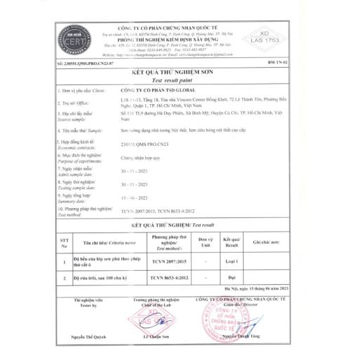 Kết quả thử nghiệm sản phẩm hợp quy