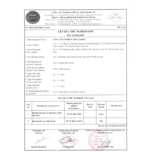 Kết quả thử nghiệm sản phẩm hợp quy