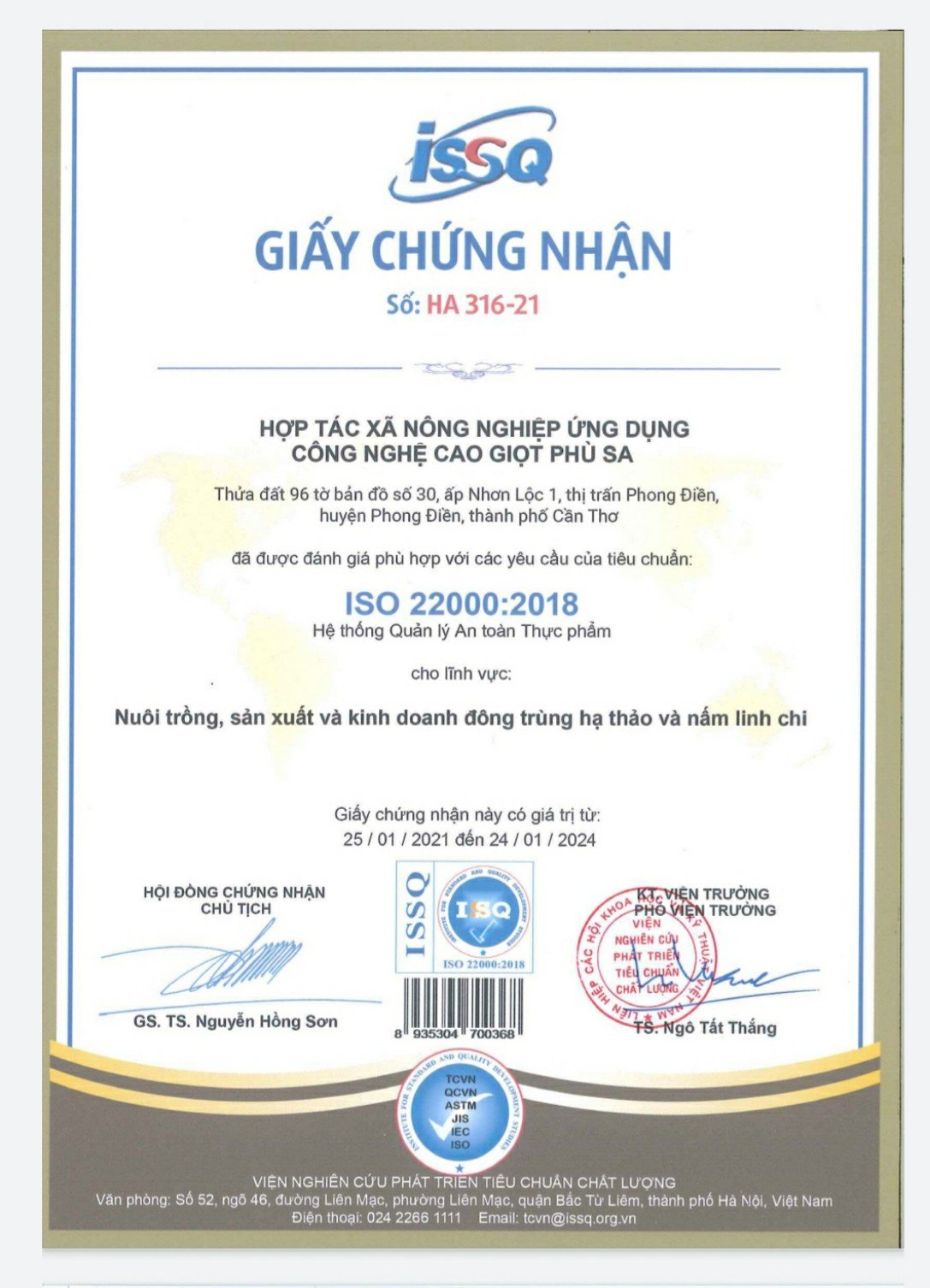 E77c991957H61aB Giấy chứng nhận ISO 22000:2018 HTX GIỌT PHÙ SA